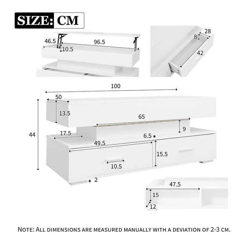 Table basse blanche plateau relevable à hauteur réglable 2 tiroirs et espace de rangement ouvert avec éclairage LED 100*50*44 cm ZAKS WHITE