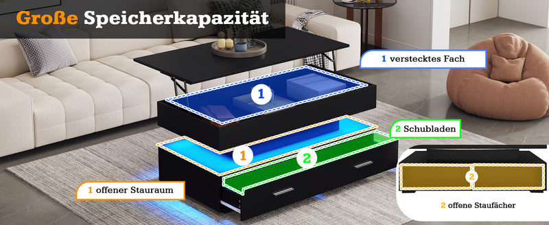 Table basse noir plateau relevable à hauteur réglable 2 tiroirs et espace de rangement ouvert avec éclairage LED 100*50*44 cm ZAKS BLACK