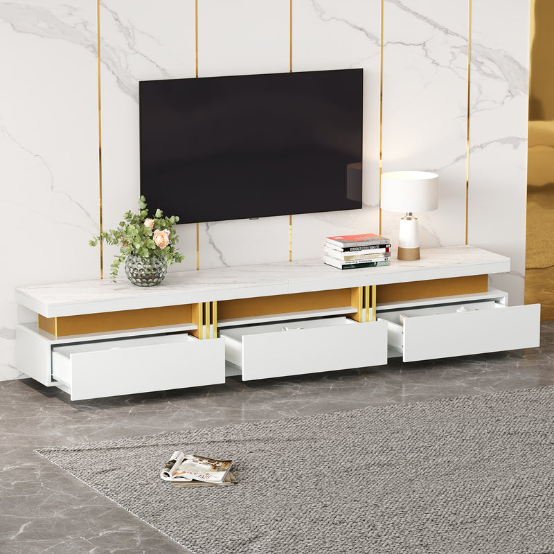 Meuble TV moderne blanc doré effet marbre avec trois tiroirs 200x40x42cm THENZOIR WHITE