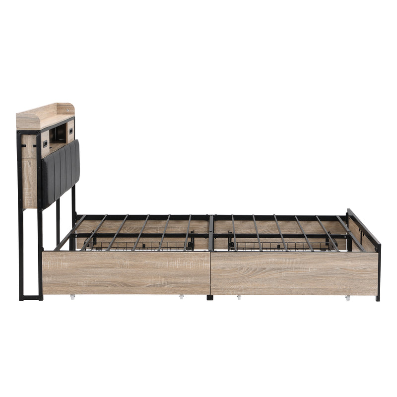 Lit double cadre métallique effet bois chêne avec port USB tête de lit rangement, 4 grands tiroirs sous lit et sommier sans matelas 140*200cm CROKWUN DOUBLE OAK