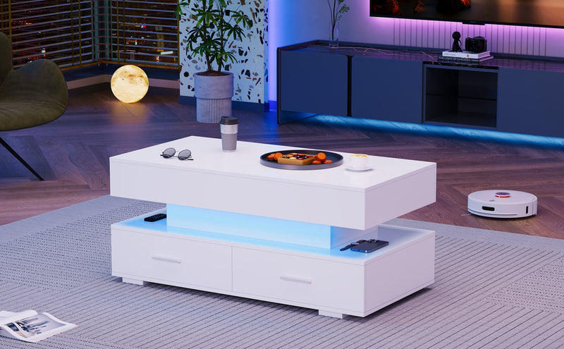 Table basse blanche plateau relevable à hauteur réglable 2 tiroirs et espace de rangement ouvert avec éclairage LED 100*50*44 cm ZAKS WHITE