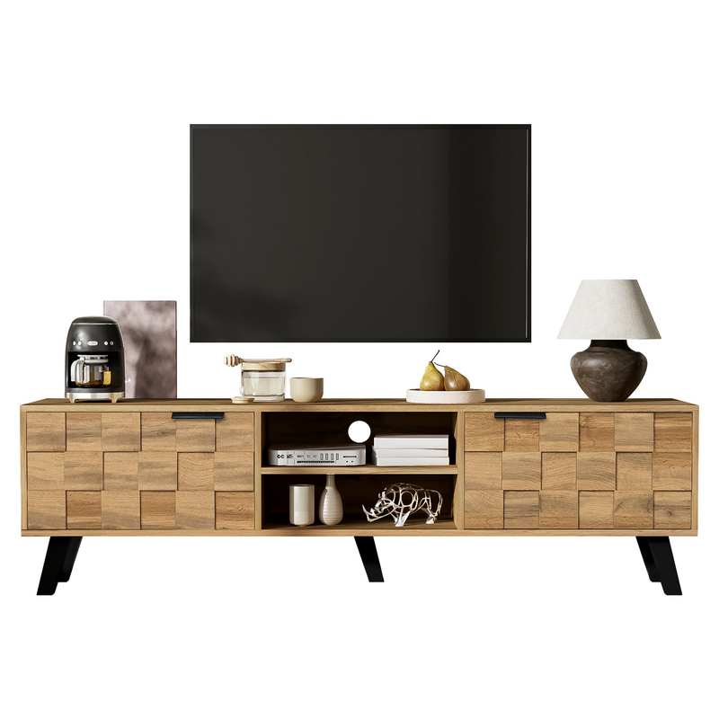 Meuble TV moderne effet bois avec 2 portes et 2 compartiments ouverts 160x35x45cm Dhaasti