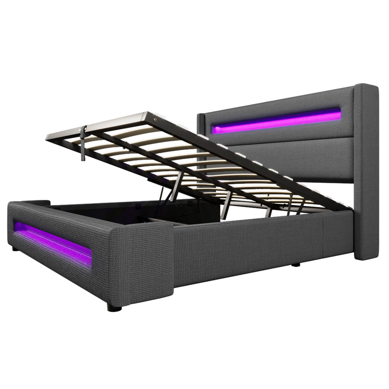 Lit offre queen tissu gris avec éclairage LED et deux prises 160*200cm (matelas non inclus) REDUCE