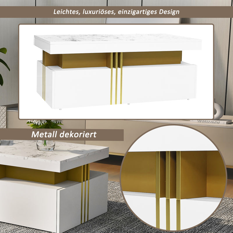 Table basse rectangulaire effet marbre blanche brillante avec 2 tiroirs 100*50*40 cm GEVREITS WHITE