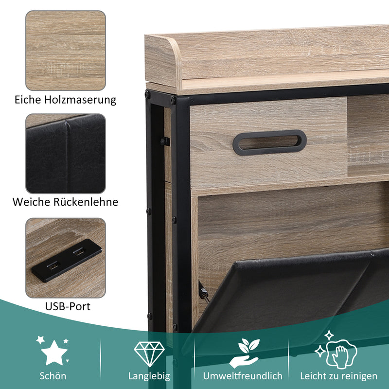 Lit double cadre métallique effet bois chêne avec port USB tête de lit rangement, 4 grands tiroirs sous lit et sommier sans matelas 140*200cm CROKWUN DOUBLE OAK