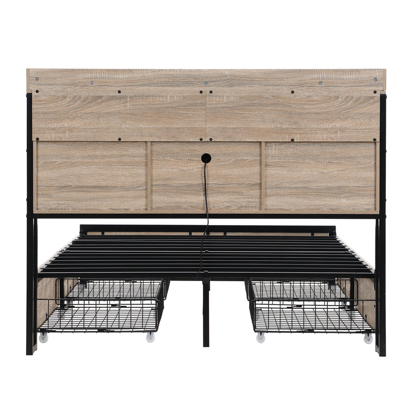 Lit double cadre métallique effet bois chêne avec port USB tête de lit rangement, 4 grands tiroirs sous lit et sommier sans matelas 140*200cm CROKWUN DOUBLE OAK