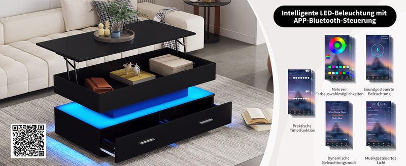 Table basse noir plateau relevable à hauteur réglable 2 tiroirs et espace de rangement ouvert avec éclairage LED 100*50*44 cm ZAKS BLACK