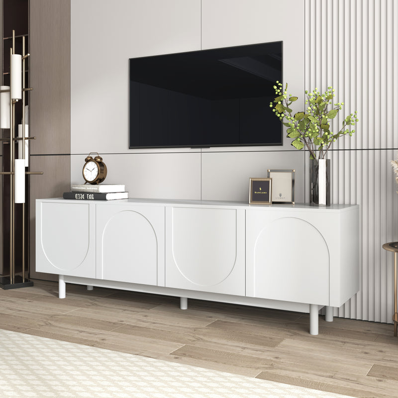 Meuble TV blanc style luxe portes texturées forme de U AEKRON