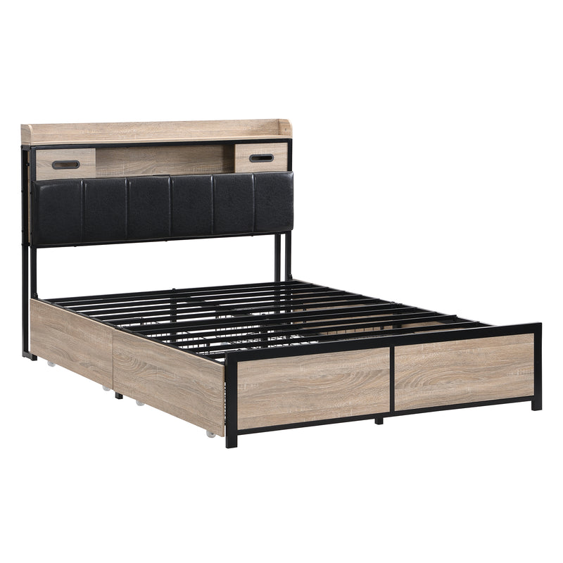 Lit double cadre métallique effet bois chêne avec port USB tête de lit rangement, 4 grands tiroirs sous lit et sommier sans matelas 140*200cm CROKWUN DOUBLE OAK