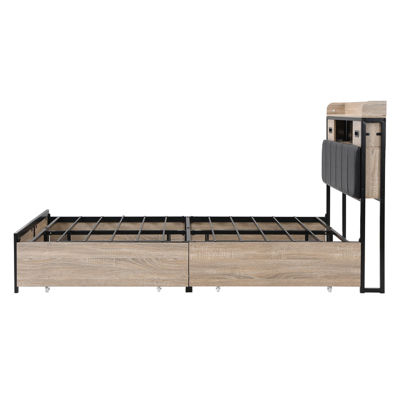 Lit double cadre métallique effet bois chêne avec port USB tête de lit rangement, 4 grands tiroirs sous lit et sommier sans matelas 140*200cm CROKWUN DOUBLE OAK