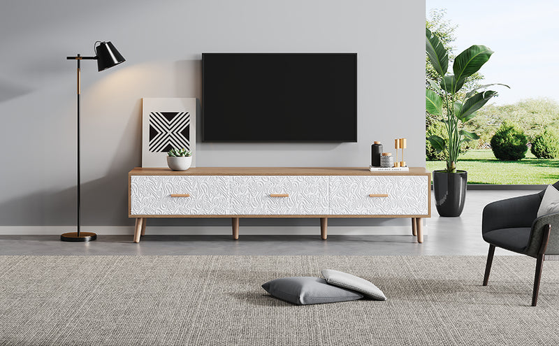 Meuble TV effet bois clair 3 tiroirs et porte blanc avec motif texturé 150x35x39cm ORKUDS