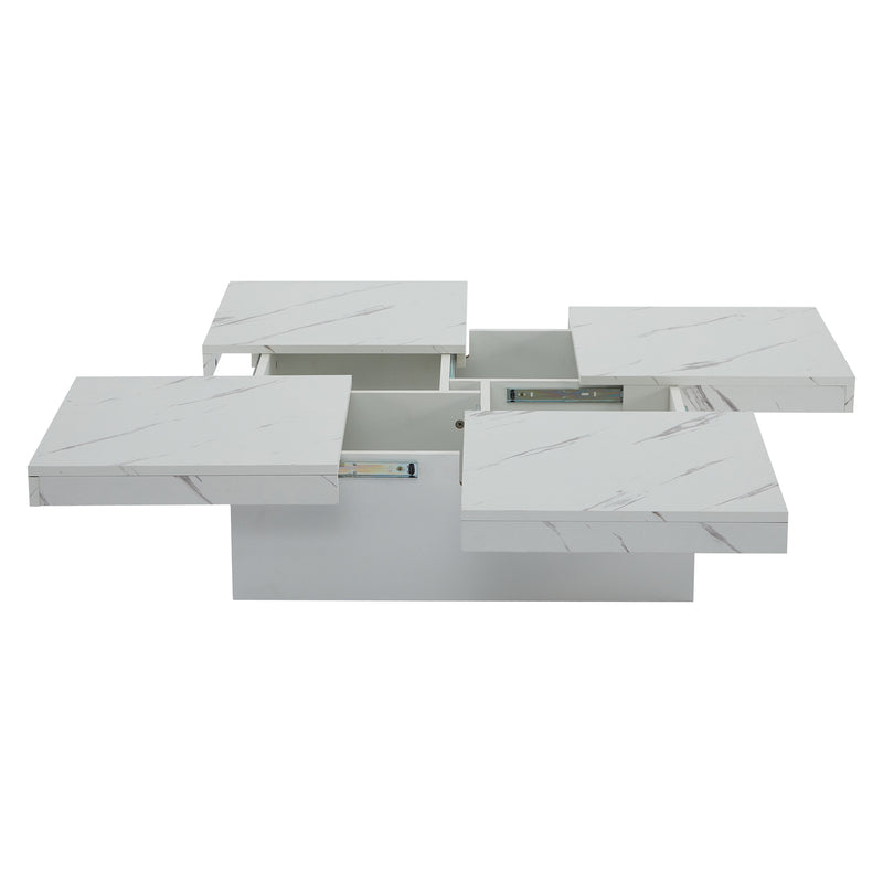 Table basse carrée moderne blanche effet marbre 4 tiroirs plateau coulissant 90x90x25cm Khekried