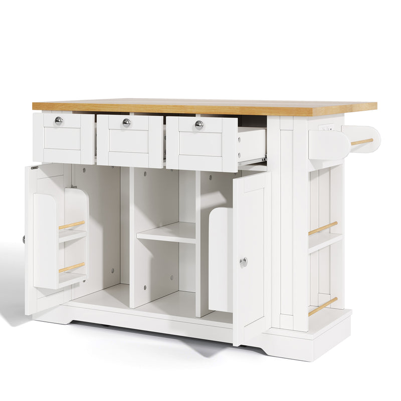 Îlot de cuisine blanc et effet bois avec plateau extensible, rangement et ports USB AMYLOPECT