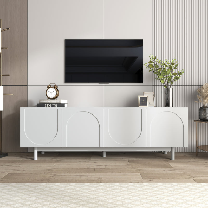 Meuble TV blanc style luxe portes texturées forme de U AEKRON