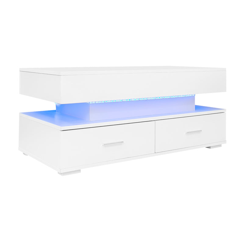 Table basse blanche plateau relevable à hauteur réglable 2 tiroirs et espace de rangement ouvert avec éclairage LED 100*50*44 cm ZAKS WHITE