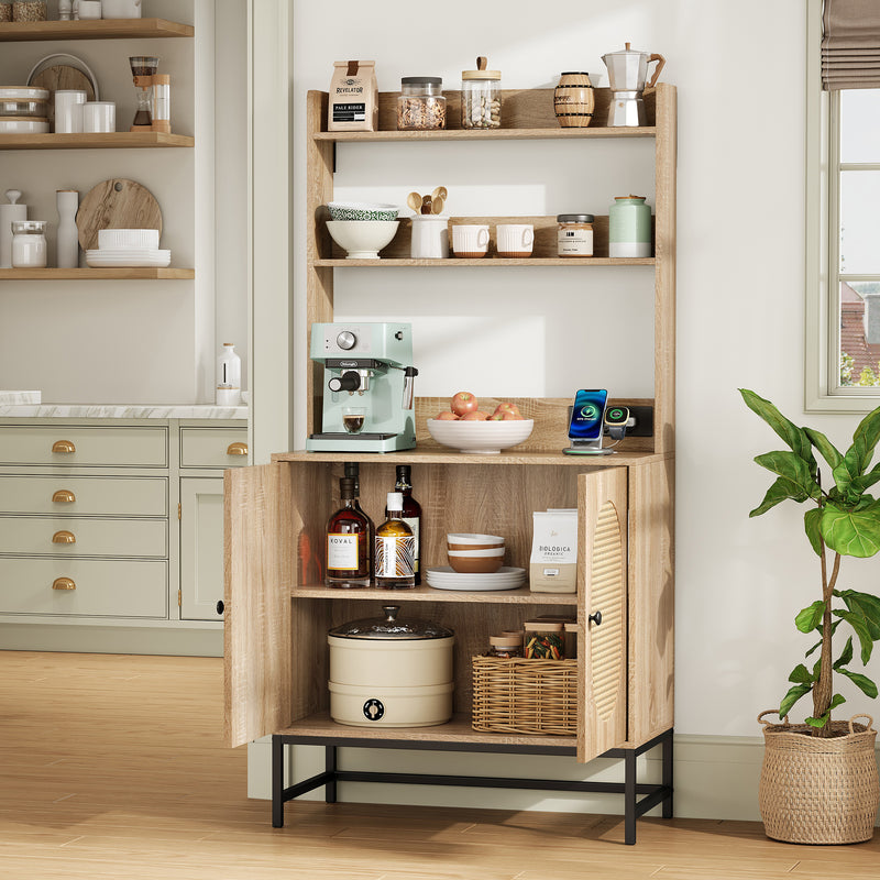 Buffet haute en MDF décor chêne naturel avec portes en rotin, prise USB intégrée PEAKFLOW