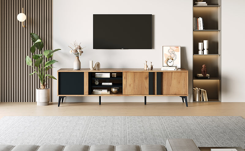 Meuble TV marron rustique effet bois et noir avec porte et compartiment ouvert ICAN