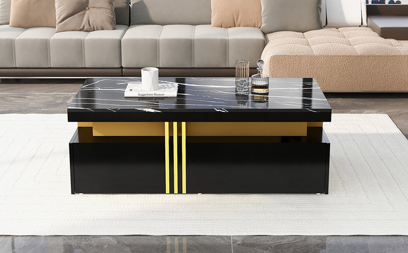 Table basse rectangulaire effet marbre noir brillant avec 2 tiroirs 100*50*40 cm GEVREITS BLACK