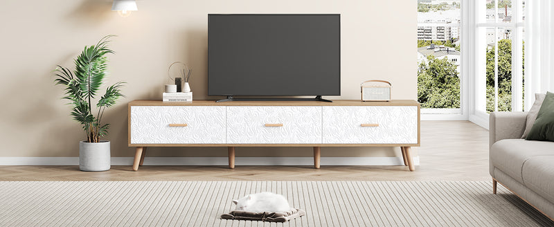 Meuble TV effet bois clair 3 tiroirs et porte blanc avec motif texturé 150x35x39cm ORKUDS