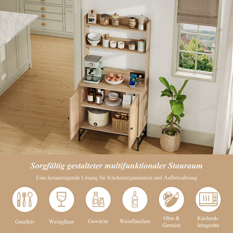 Buffet haute en MDF décor chêne naturel avec portes en rotin, prise USB intégrée PEAKFLOW