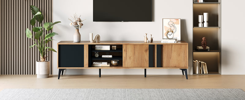 Meuble TV marron rustique effet bois et noir avec porte et compartiment ouvert ICAN