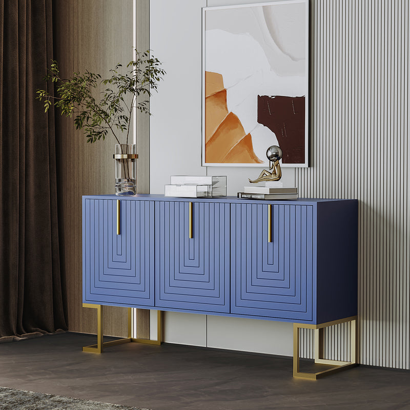 Commode buffet haut avec 3 portes bleu marine motif de forme U H81/B138/T40 CRUUGREN BLUE