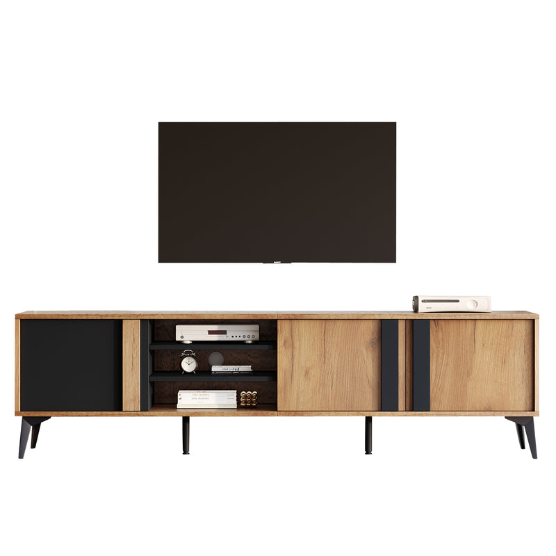 Meuble TV marron rustique effet bois et noir avec porte et compartiment ouvert ICAN