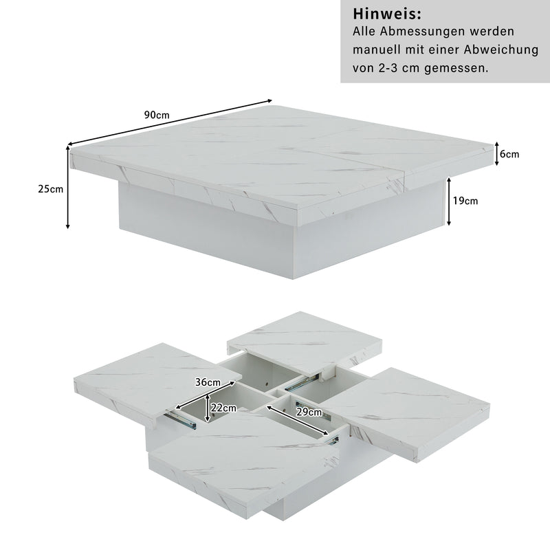 Table basse carrée moderne blanche effet marbre 4 tiroirs plateau coulissant 90x90x25cm Khekried