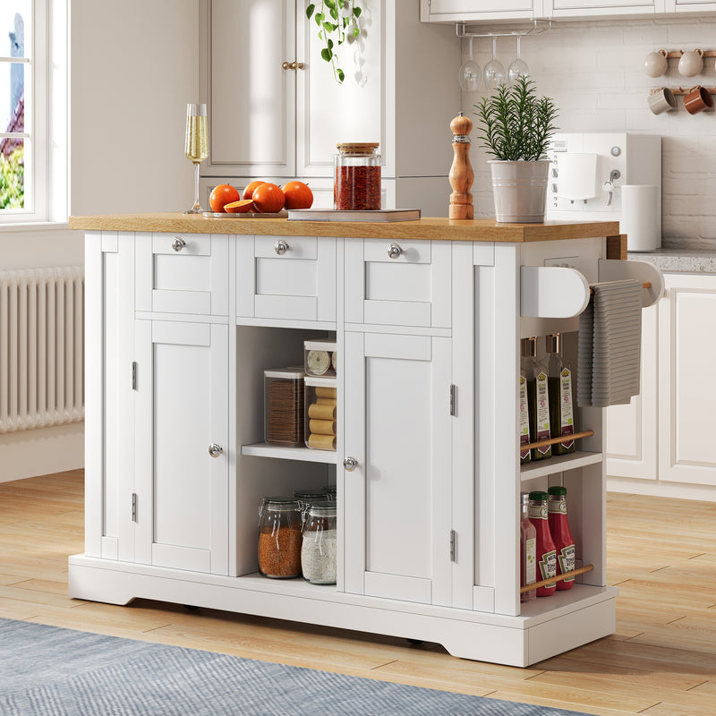 Îlot de cuisine blanc et effet bois avec plateau extensible, rangement et ports USB AMYLOPECT