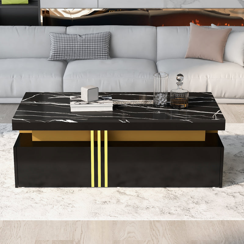 Table basse rectangulaire effet marbre noir brillant avec 2 tiroirs 100*50*40 cm GEVREITS BLACK