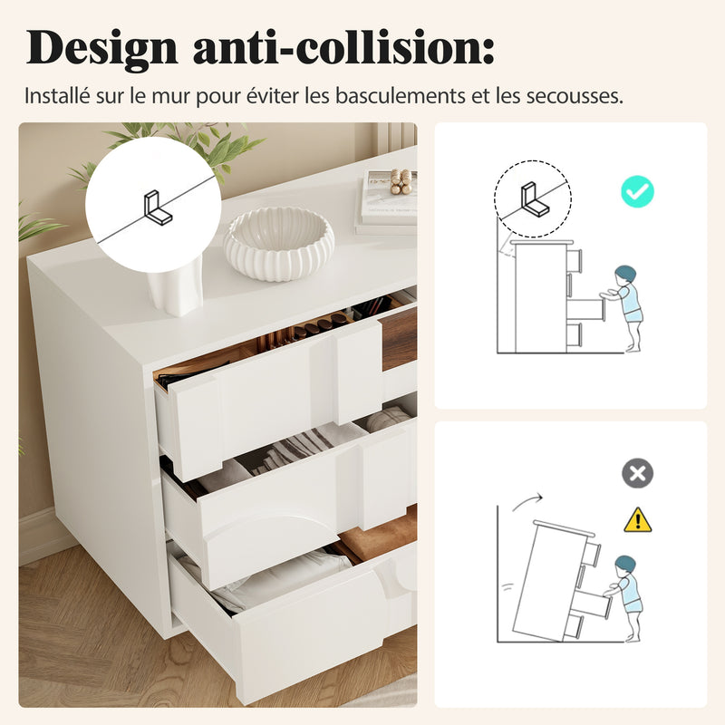 Buffet blanc effet bois façade géométrique en relief 6 tiroirs, porte push-to-pop UMPHU