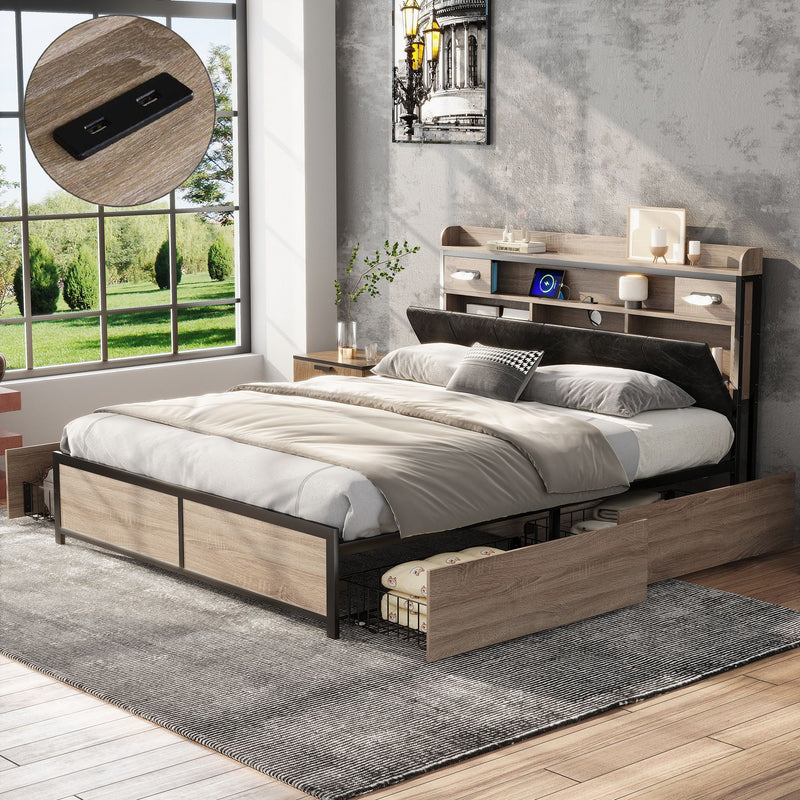 Lit double cadre métallique effet bois chêne avec port USB tête de lit rangement, 4 grands tiroirs sous lit et sommier sans matelas 140*200cm CROKWUN DOUBLE OAK