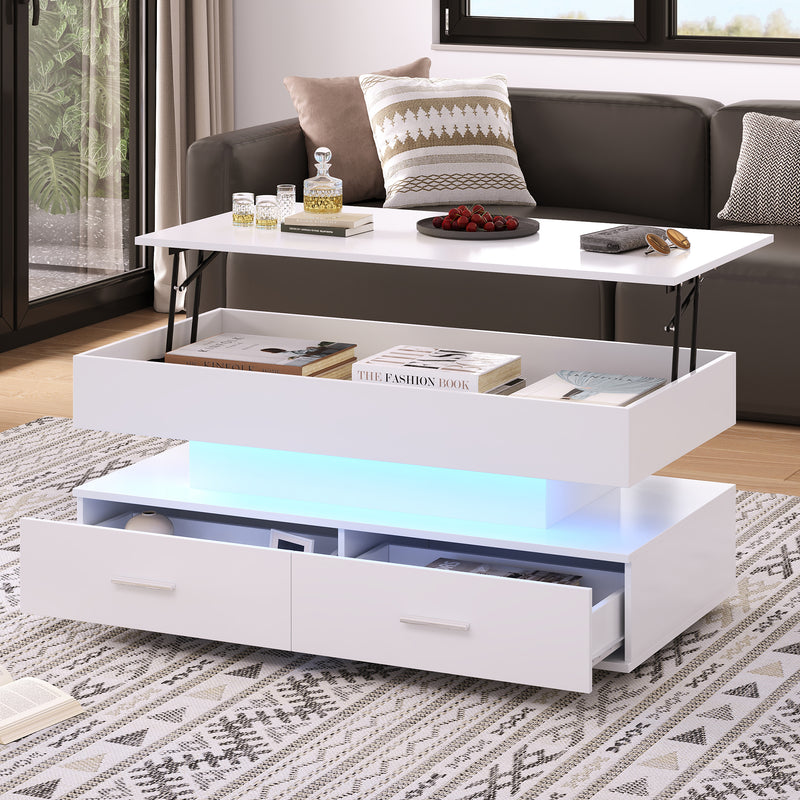 Table basse blanche plateau relevable à hauteur réglable 2 tiroirs et espace de rangement ouvert avec éclairage LED 100*50*44 cm ZAKS WHITE