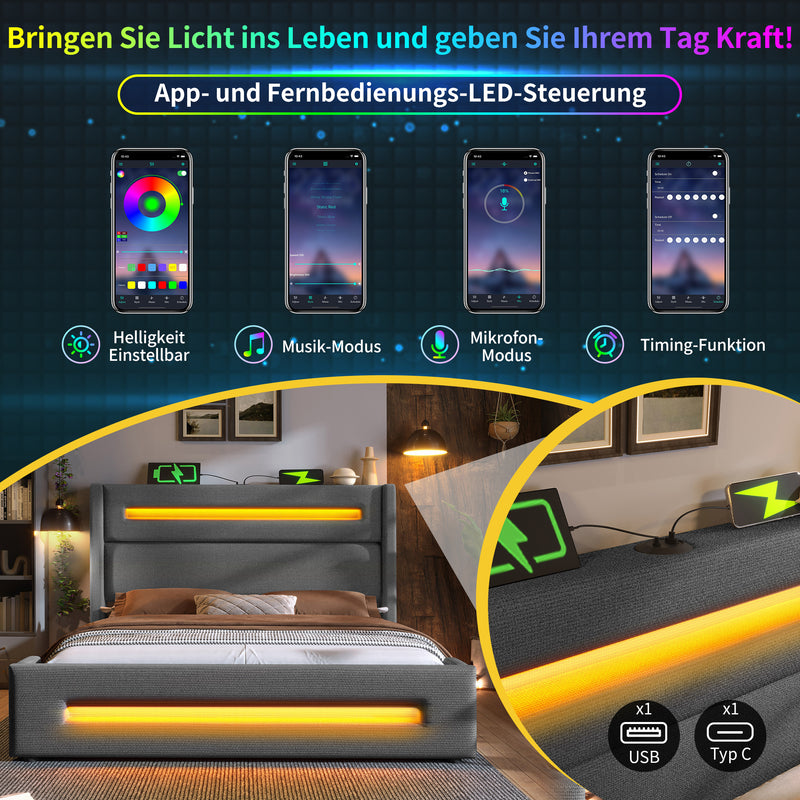Lit offre queen tissu gris avec éclairage LED et deux prises 160*200cm (matelas non inclus) REDUCE
