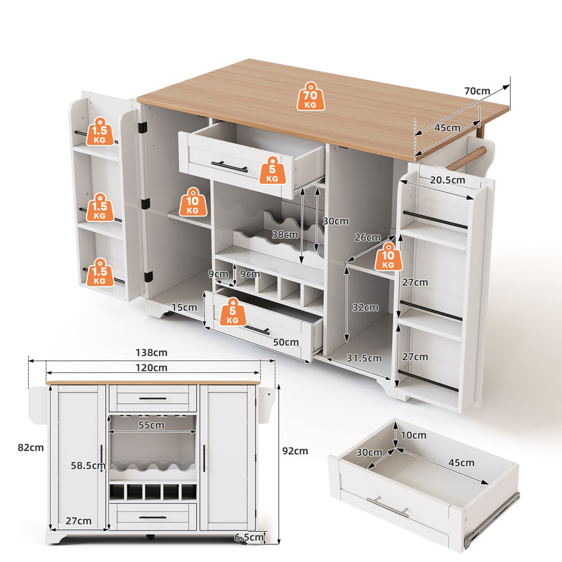 Îlot de cuisine blanc, plan effet bois pliant, porte-verres, casier à vin avec roulettes SEMIOCH