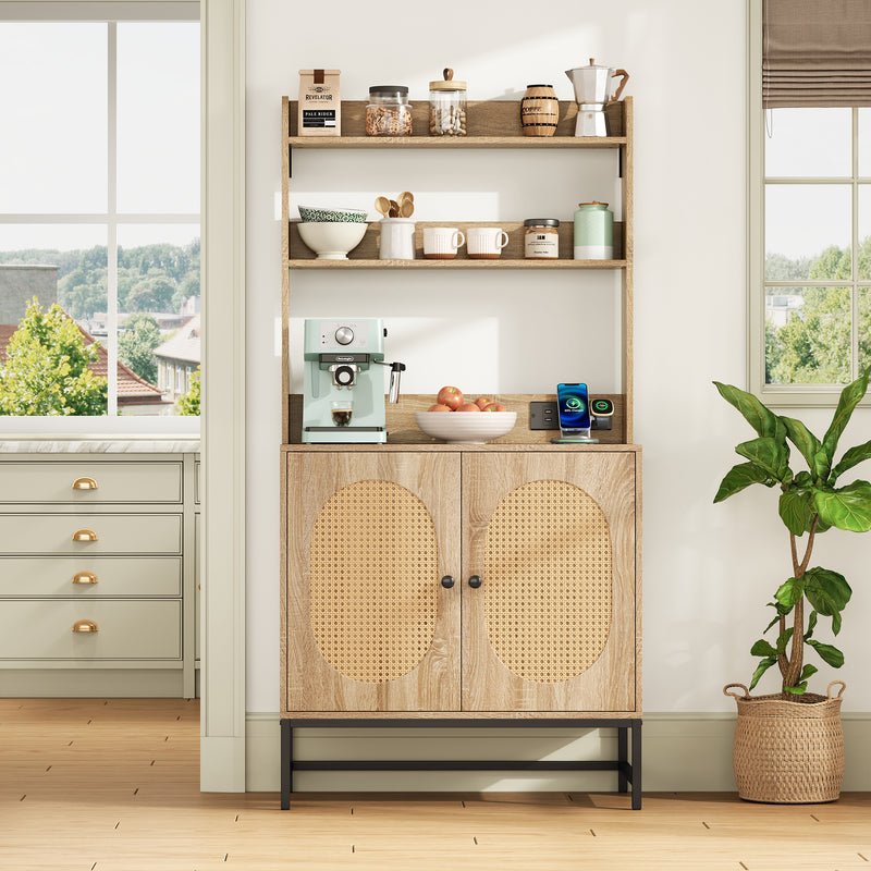 Buffet haute en MDF décor chêne naturel avec portes en rotin, prise USB intégrée PEAKFLOW