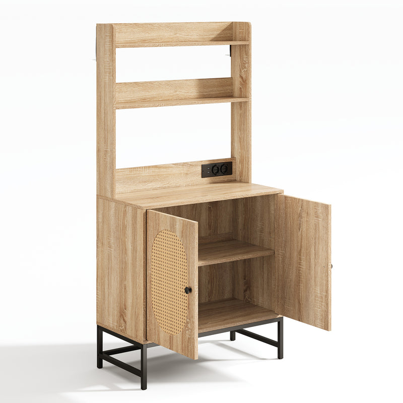Buffet haute en MDF décor chêne naturel avec portes en rotin, prise USB intégrée PEAKFLOW