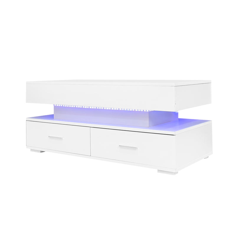 Table basse blanche plateau relevable à hauteur réglable 2 tiroirs et espace de rangement ouvert avec éclairage LED 100*50*44 cm ZAKS WHITE