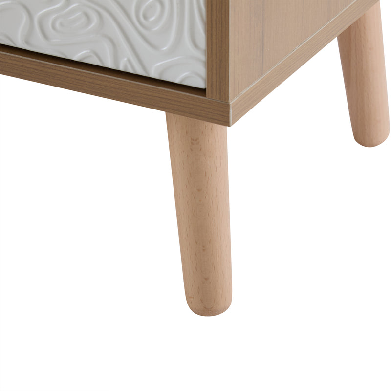 Meuble TV effet bois clair 3 tiroirs et porte blanc avec motif texturé 150x35x39cm ORKUDS