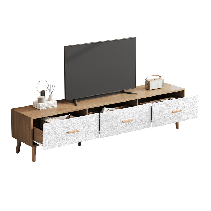 Meuble TV effet bois clair 3 tiroirs et porte blanc avec motif texturé 150x35x39cm ORKUDS