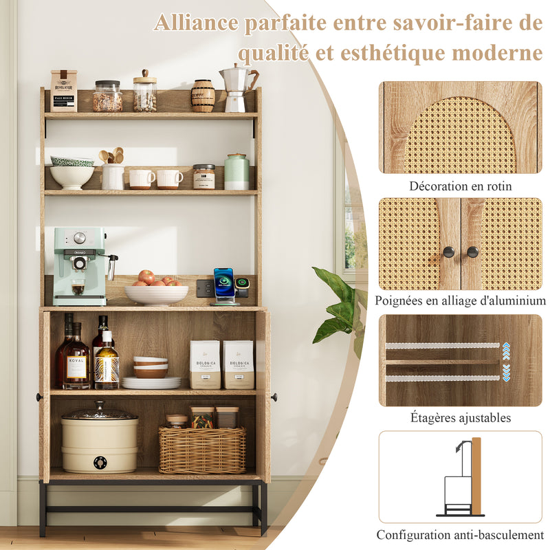 Buffet haute en MDF décor chêne naturel avec portes en rotin, prise USB intégrée PEAKFLOW