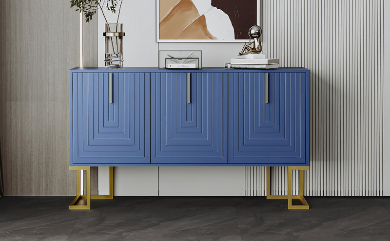 Commode buffet haut avec 3 portes bleu marine motif de forme U H81/B138/T40 CRUUGREN BLUE