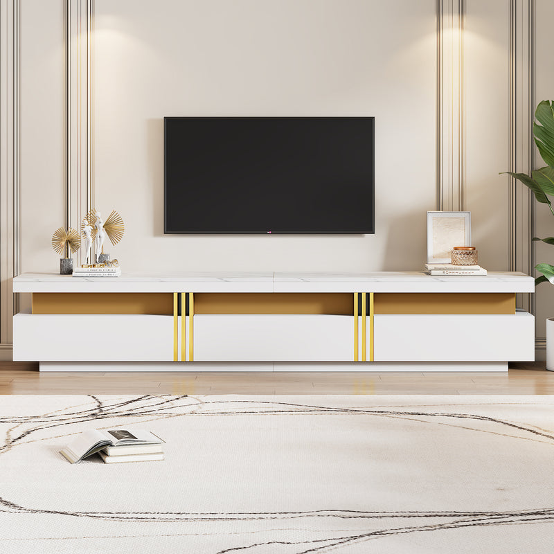 Meuble TV moderne blanc doré effet marbre avec trois tiroirs 200x40x42cm THENZOIR WHITE