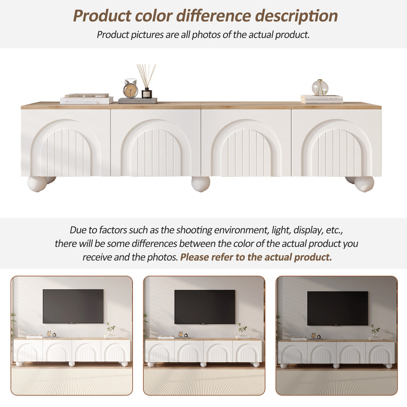 Meuble TV blanc et effet chêne 4 portes avec motifs incurvés, pieds boules CIRCULAR