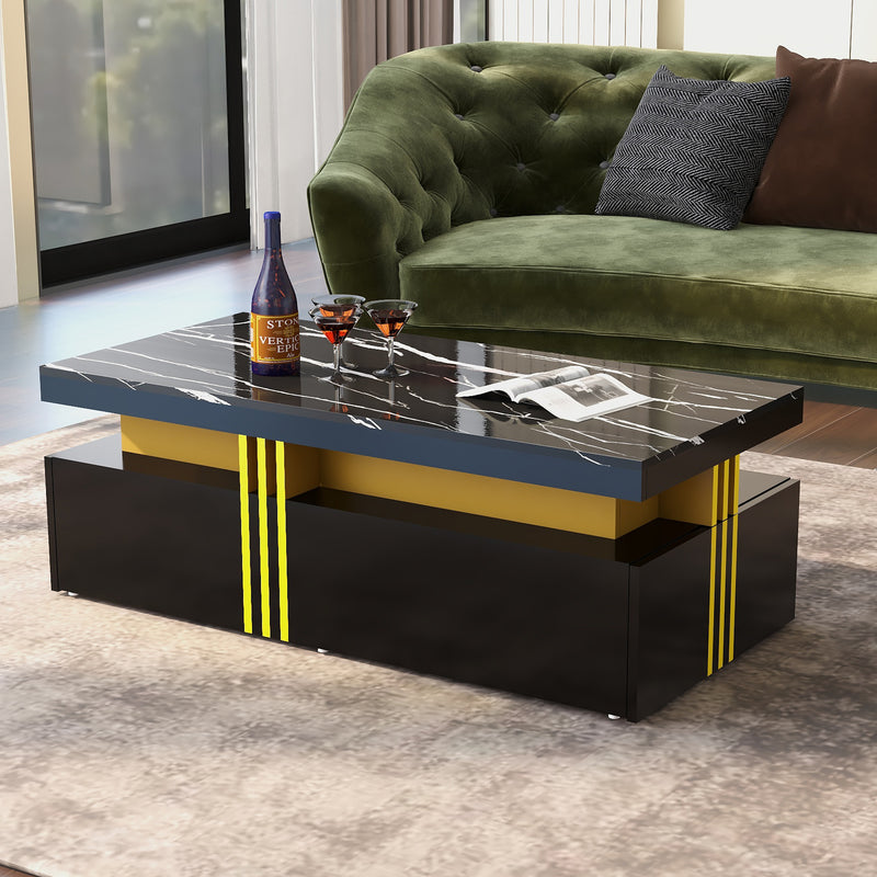 Table basse rectangulaire effet marbre noir brillant avec 2 tiroirs 100*50*40 cm GEVREITS BLACK