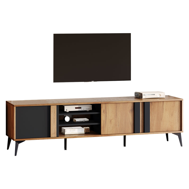 Meuble TV marron rustique effet bois et noir avec porte et compartiment ouvert ICAN