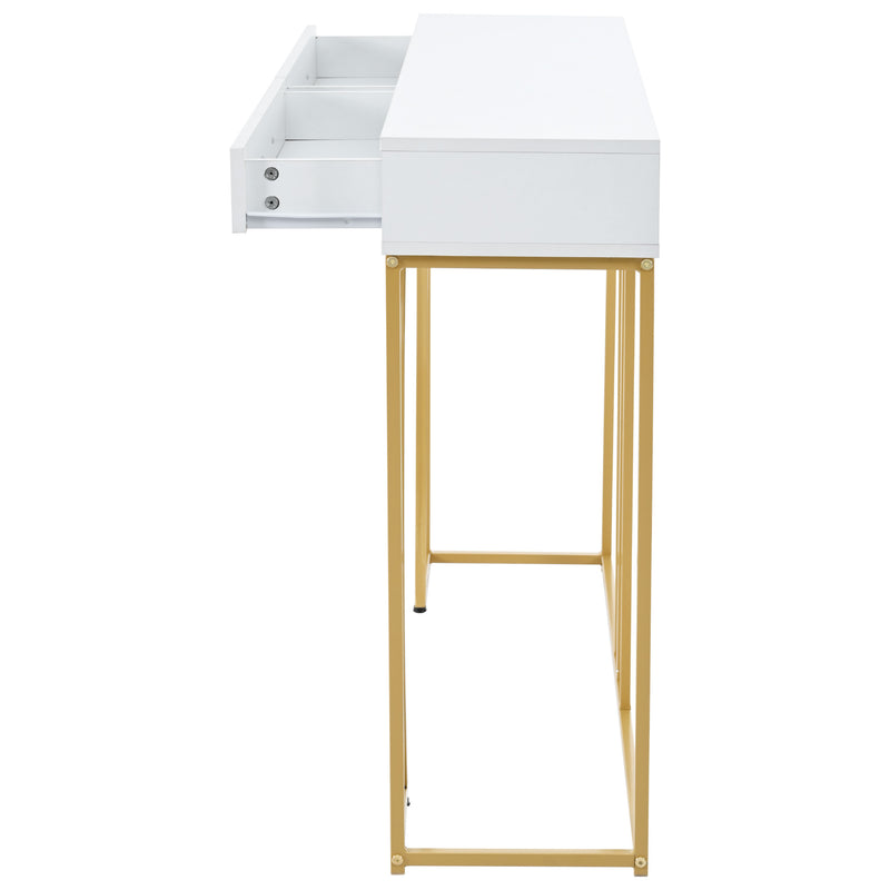 Table console blanche design et structure couleur dorée couloir avec 2 tiroirs 120x38x76cm ANNAN