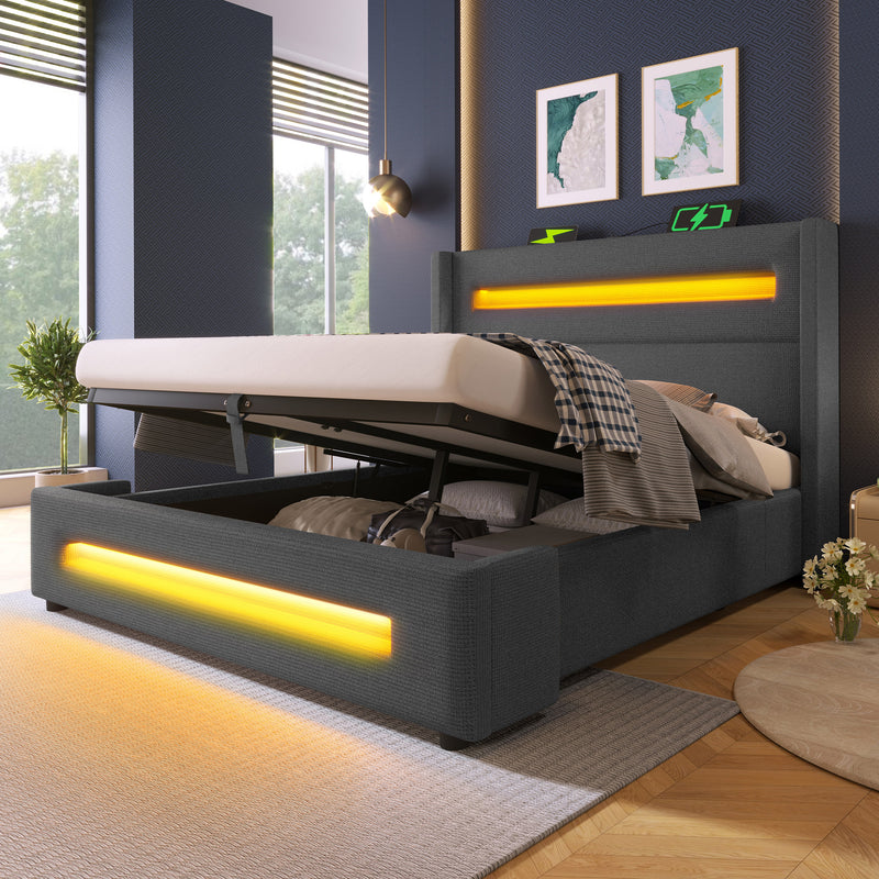 Lit offre queen tissu gris avec éclairage LED et deux prises 160*200cm (matelas non inclus) REDUCE