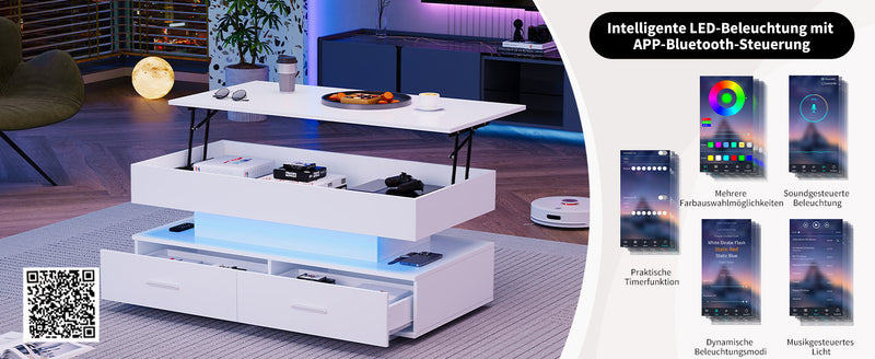 Table basse blanche plateau relevable à hauteur réglable 2 tiroirs et espace de rangement ouvert avec éclairage LED 100*50*44 cm ZAKS WHITE