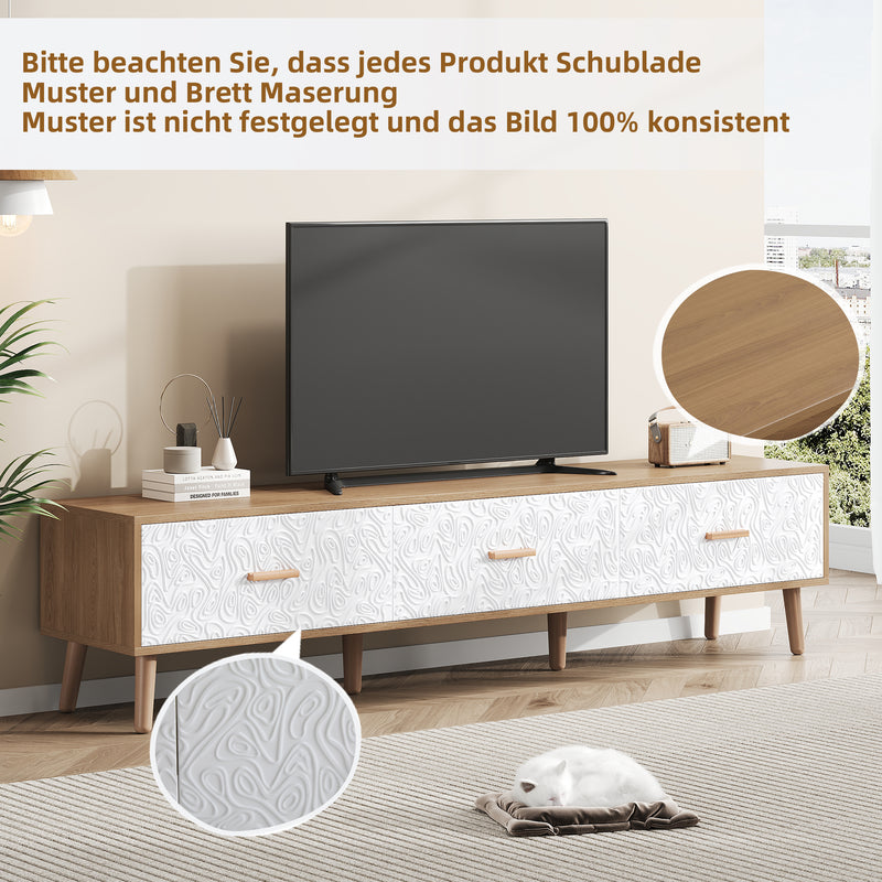 Meuble TV effet bois clair 3 tiroirs et porte blanc avec motif texturé 150x35x39cm ORKUDS